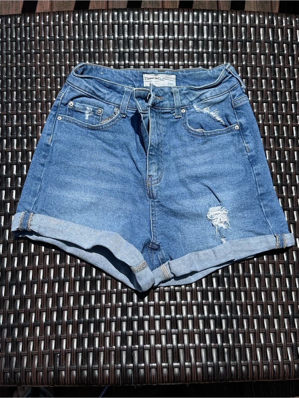 High-Rise Blue Distressed Rolled-Hem Denim Shorts
